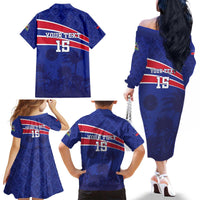 Custom Haiti Football Family Matching Off The Shoulder Long Sleeve Dress and Hawaiian Shirt Les Grenadiers - Royal Palm - Wonder Print Shop