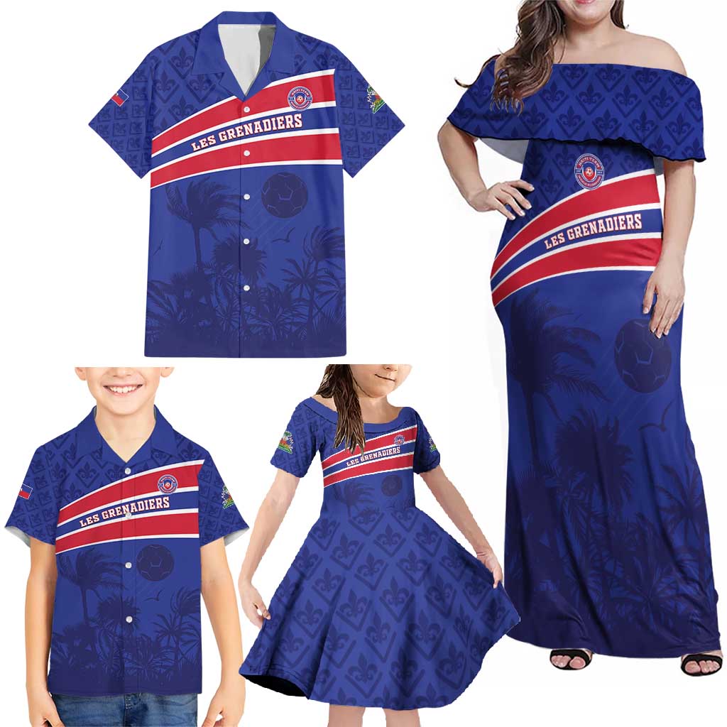 Custom Haiti Football Family Matching Off Shoulder Maxi Dress and Hawaiian Shirt Les Grenadiers - Royal Palm - Wonder Print Shop
