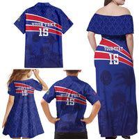 Custom Haiti Football Family Matching Off Shoulder Maxi Dress and Hawaiian Shirt Les Grenadiers - Royal Palm - Wonder Print Shop