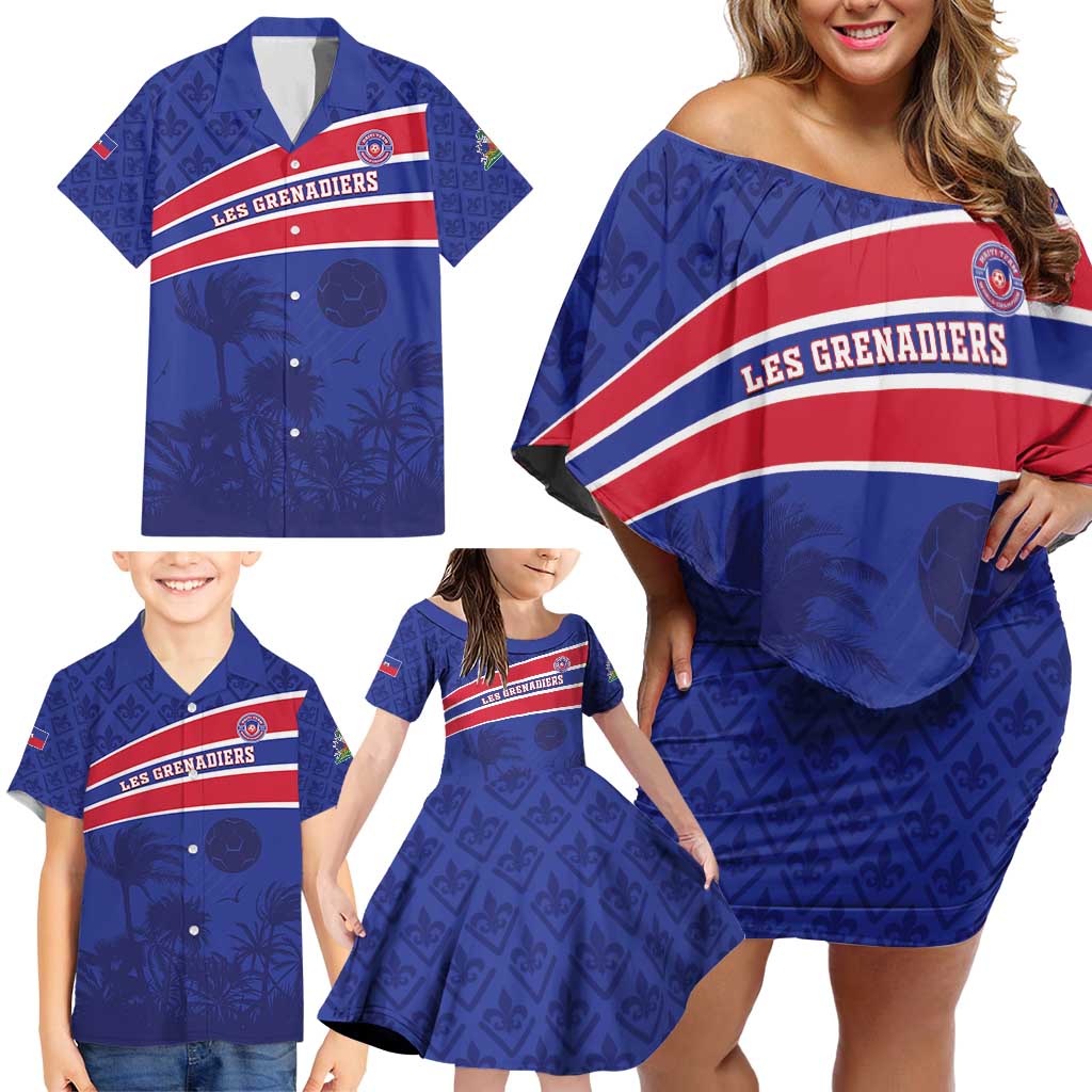 Custom Haiti Football Family Matching Off Shoulder Short Dress and Hawaiian Shirt Les Grenadiers - Royal Palm - Wonder Print Shop