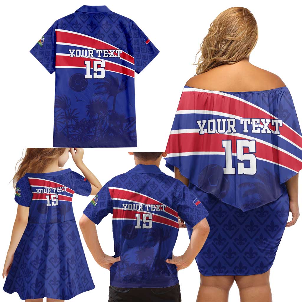Custom Haiti Football Family Matching Off Shoulder Short Dress and Hawaiian Shirt Les Grenadiers - Royal Palm - Wonder Print Shop