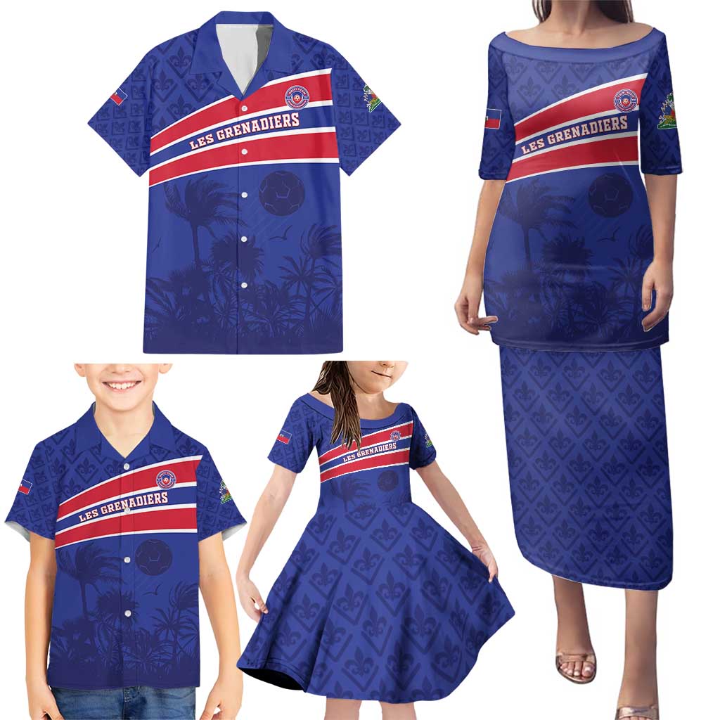 Custom Haiti Football Family Matching Puletasi and Hawaiian Shirt Les Grenadiers - Royal Palm - Wonder Print Shop
