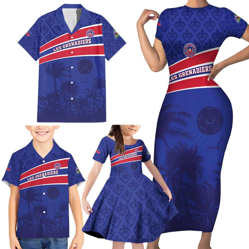 Custom Haiti Football Family Matching Short Sleeve Bodycon Dress and Hawaiian Shirt Les Grenadiers - Royal Palm - Wonder Print Shop