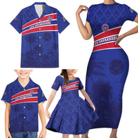 Custom Haiti Football Family Matching Short Sleeve Bodycon Dress and Hawaiian Shirt Les Grenadiers - Royal Palm - Wonder Print Shop