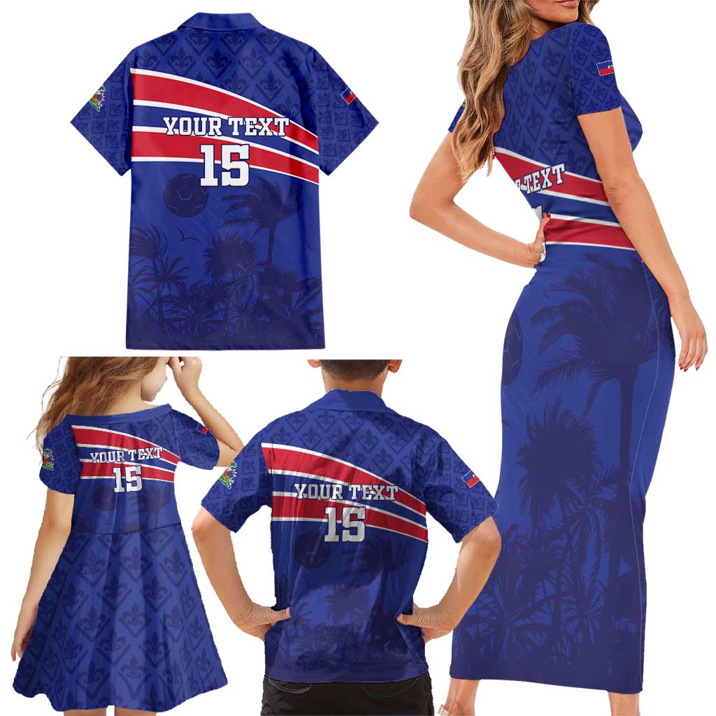 Custom Haiti Football Family Matching Short Sleeve Bodycon Dress and Hawaiian Shirt Les Grenadiers - Royal Palm - Wonder Print Shop