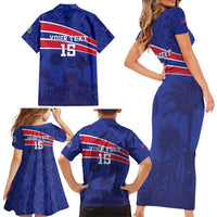 Custom Haiti Football Family Matching Short Sleeve Bodycon Dress and Hawaiian Shirt Les Grenadiers - Royal Palm - Wonder Print Shop