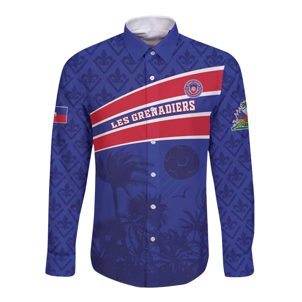 Custom Haiti Football Long Sleeve Button Shirt Les Grenadiers - Royal Palm - Wonder Print Shop