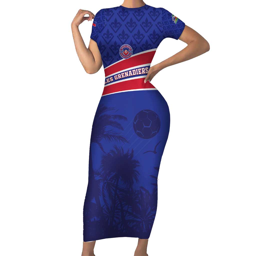 Custom Haiti Football Short Sleeve Bodycon Dress Les Grenadiers - Royal Palm - Wonder Print Shop