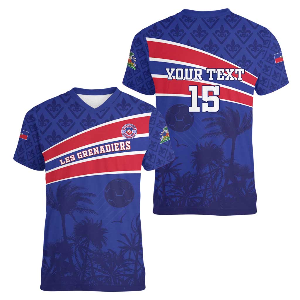 Custom Haiti Football Women V-Neck T-Shirt Les Grenadiers - Royal Palm - Wonder Print Shop