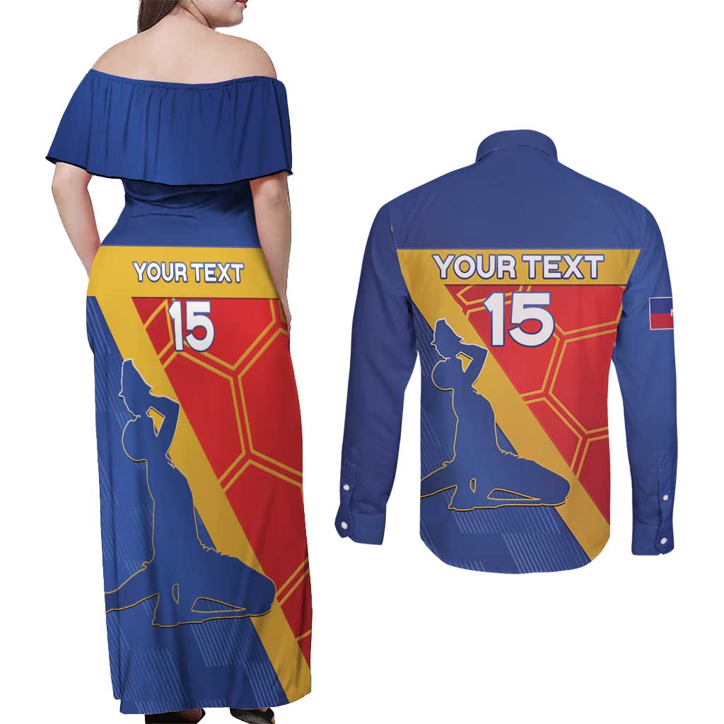Custom Haiti Football Couples Matching Off Shoulder Maxi Dress and Long Sleeve Button Shirt Neg Marron Go Ayiti - Wonder Print Shop