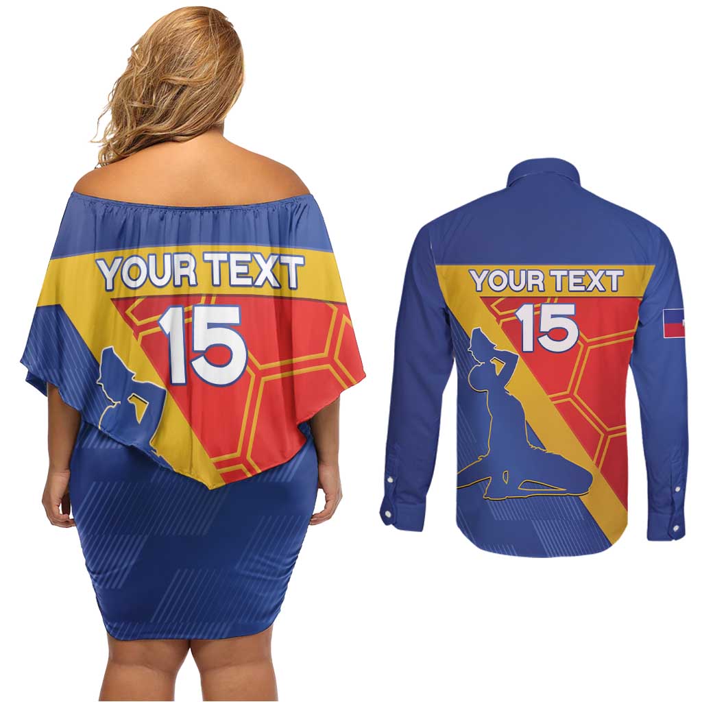 Custom Haiti Football Couples Matching Off Shoulder Short Dress and Long Sleeve Button Shirt Neg Marron Go Ayiti - Wonder Print Shop