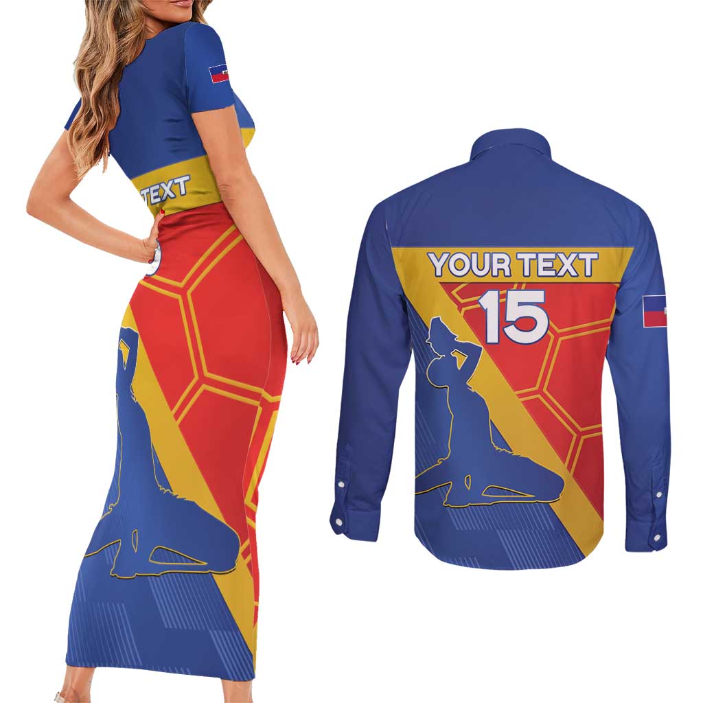 Custom Haiti Football Couples Matching Short Sleeve Bodycon Dress and Long Sleeve Button Shirt Neg Marron Go Ayiti - Wonder Print Shop