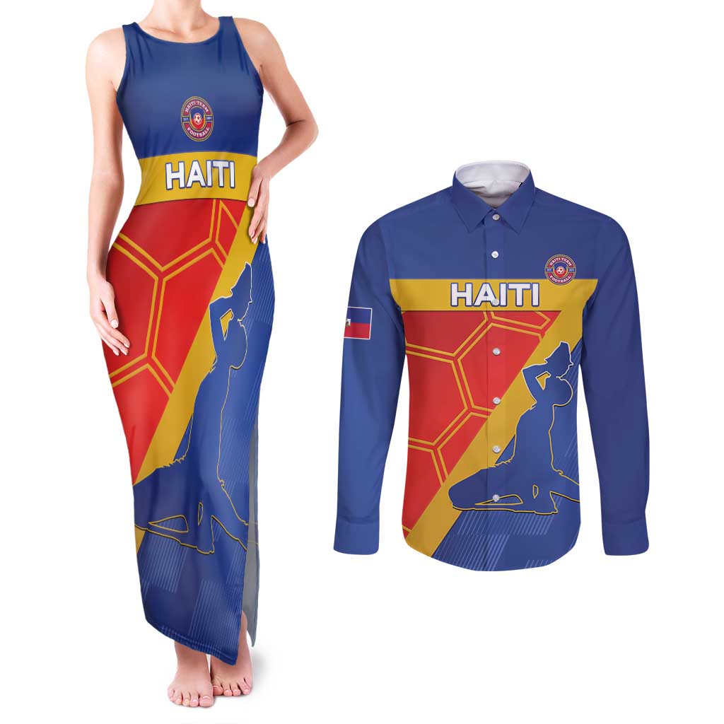 Custom Haiti Football Couples Matching Tank Maxi Dress and Long Sleeve Button Shirt Neg Marron Go Ayiti - Wonder Print Shop