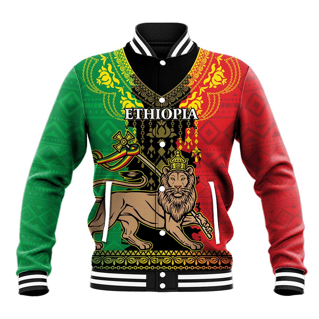 Personalised Ethiopia Baseball Jacket Lion Of Judah Mix African Pattern - Wonder Print Shop