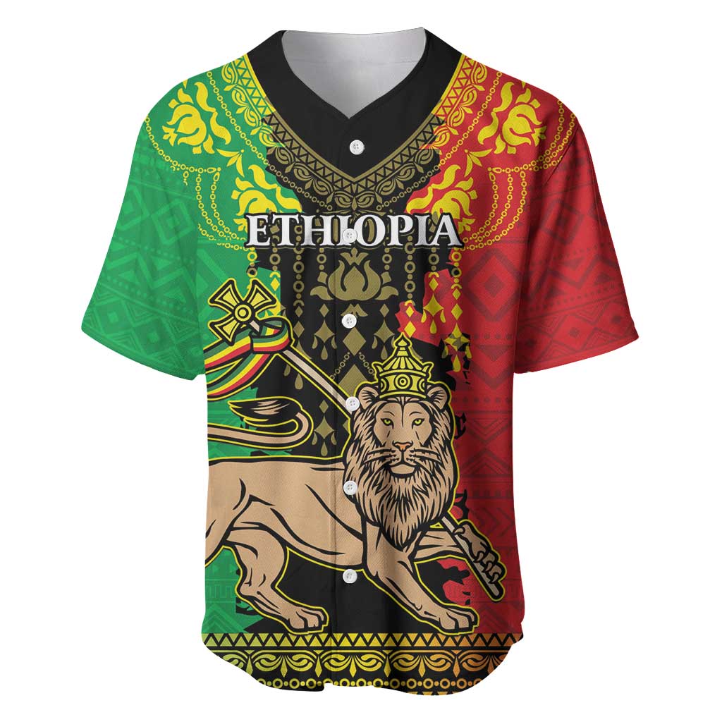 Personalised Ethiopia Baseball Jersey Lion Of Judah Mix African Pattern - Wonder Print Shop