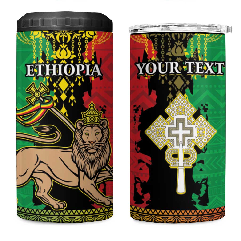 Personalised Ethiopia 4 in 1 Can Cooler Tumbler Lion Of Judah Mix African Pattern - Wonder Print Shop