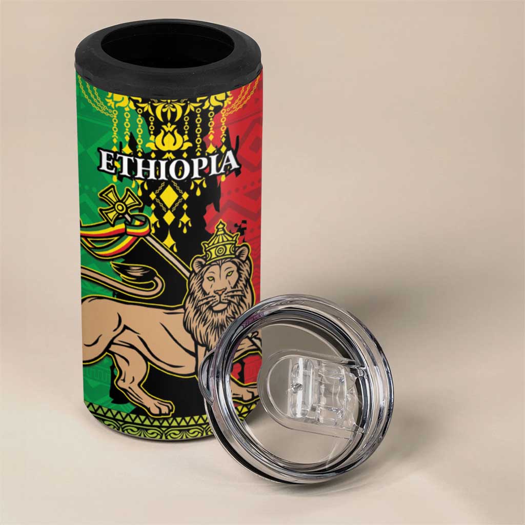 Personalised Ethiopia 4 in 1 Can Cooler Tumbler Lion Of Judah Mix African Pattern - Wonder Print Shop