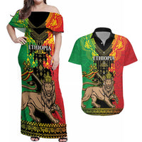 Personalised Ethiopia Couples Matching Off Shoulder Maxi Dress and Hawaiian Shirt Lion Of Judah Mix African Pattern - Wonder Print Shop