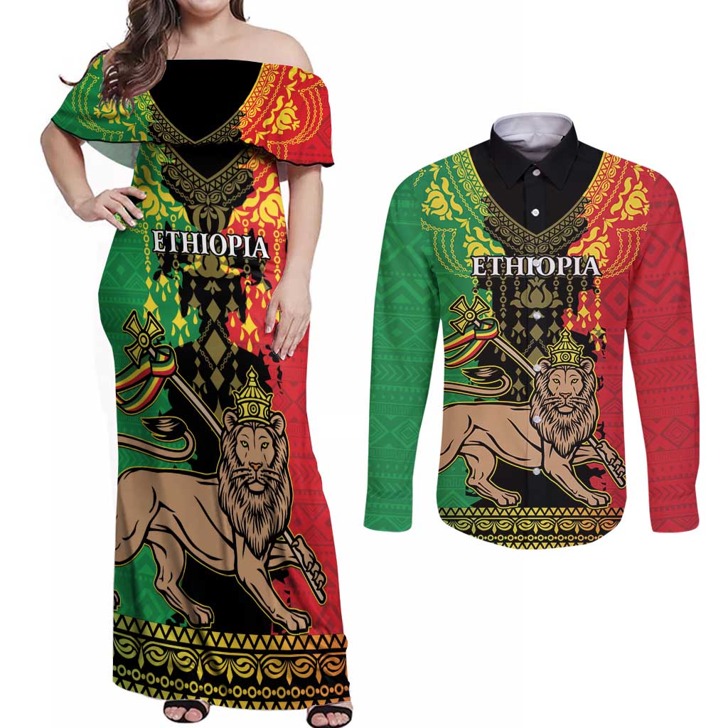 Personalised Ethiopia Couples Matching Off Shoulder Maxi Dress and Long Sleeve Button Shirt Lion Of Judah Mix African Pattern - Wonder Print Shop