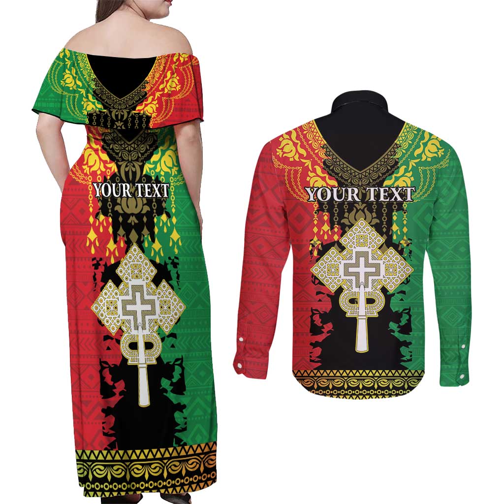 Personalised Ethiopia Couples Matching Off Shoulder Maxi Dress and Long Sleeve Button Shirt Lion Of Judah Mix African Pattern - Wonder Print Shop