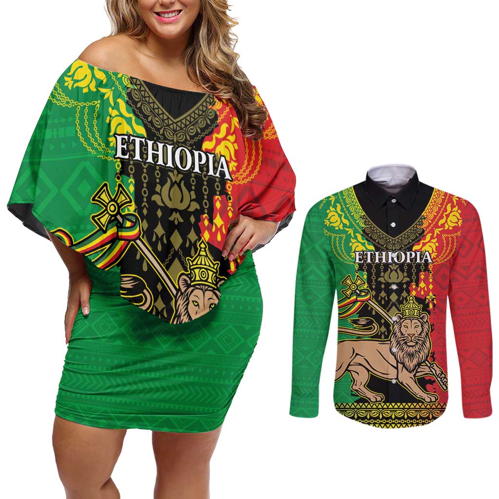 Personalised Ethiopia Couples Matching Off Shoulder Short Dress and Long Sleeve Button Shirt Lion Of Judah Mix African Pattern - Wonder Print Shop