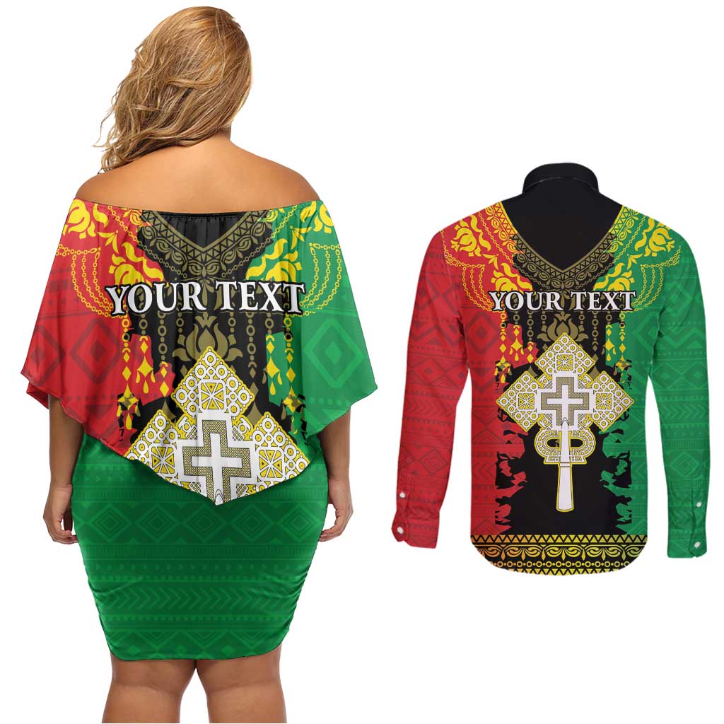 Personalised Ethiopia Couples Matching Off Shoulder Short Dress and Long Sleeve Button Shirt Lion Of Judah Mix African Pattern - Wonder Print Shop