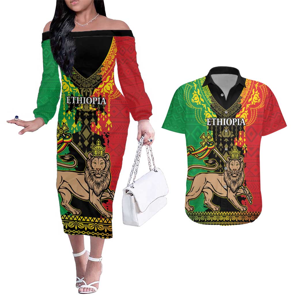 Personalised Ethiopia Couples Matching Off The Shoulder Long Sleeve Dress and Hawaiian Shirt Lion Of Judah Mix African Pattern - Wonder Print Shop