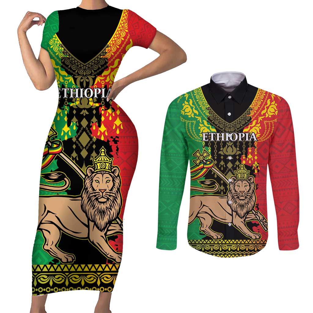 Personalised Ethiopia Couples Matching Short Sleeve Bodycon Dress and Long Sleeve Button Shirt Lion Of Judah Mix African Pattern - Wonder Print Shop