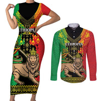 Personalised Ethiopia Couples Matching Short Sleeve Bodycon Dress and Long Sleeve Button Shirt Lion Of Judah Mix African Pattern - Wonder Print Shop