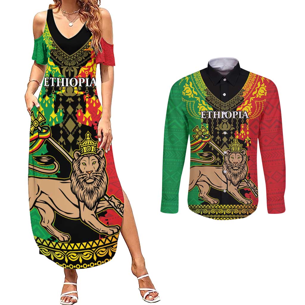 Personalised Ethiopia Couples Matching Summer Maxi Dress and Long Sleeve Button Shirt Lion Of Judah Mix African Pattern - Wonder Print Shop