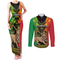 Personalised Ethiopia Couples Matching Tank Maxi Dress and Long Sleeve Button Shirt Lion Of Judah Mix African Pattern - Wonder Print Shop