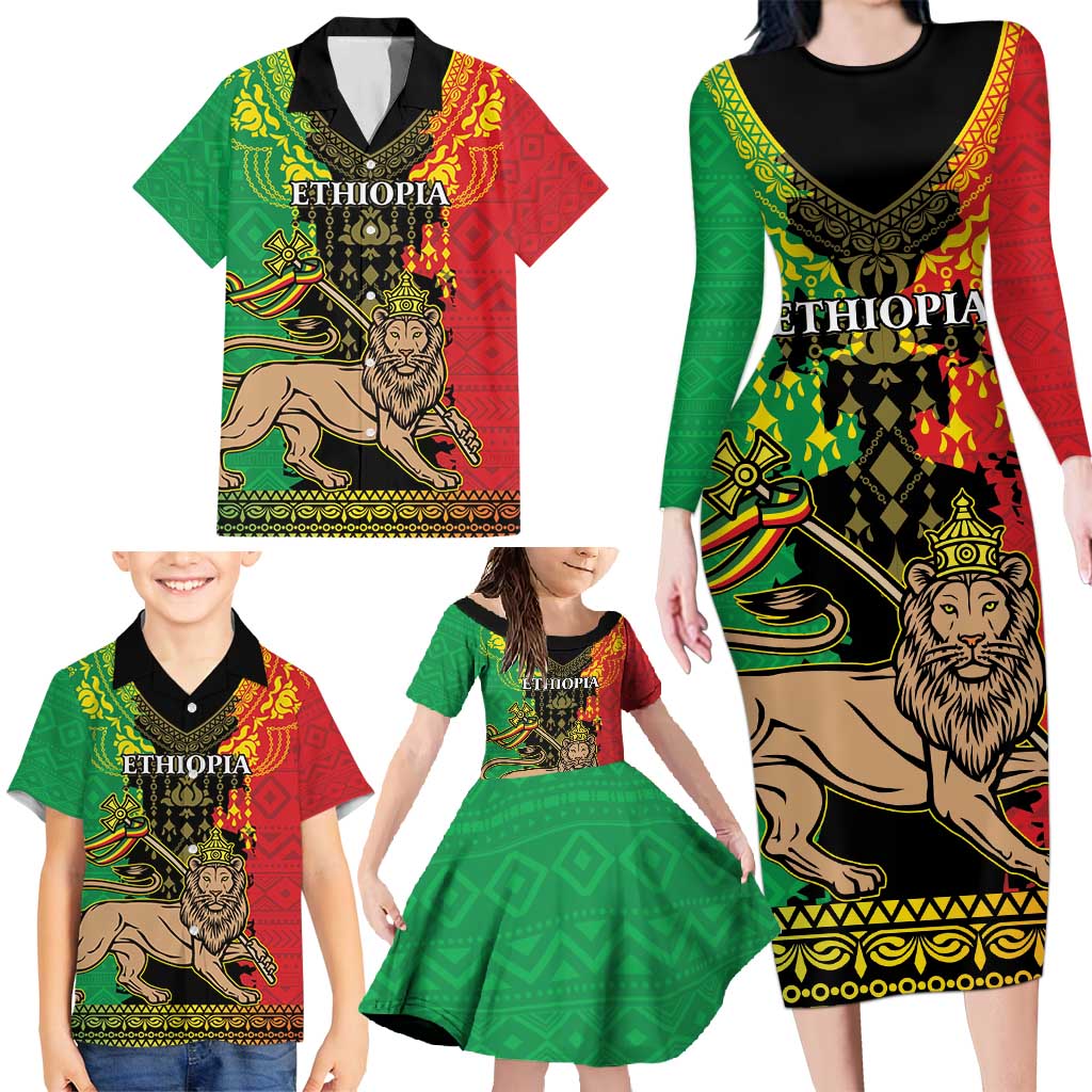 Personalised Ethiopia Family Matching Long Sleeve Bodycon Dress and Hawaiian Shirt Lion Of Judah Mix African Pattern - Wonder Print Shop