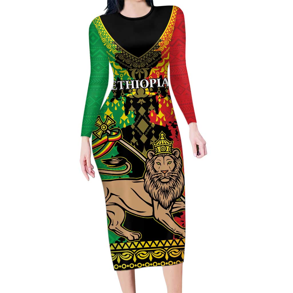 Personalised Ethiopia Family Matching Long Sleeve Bodycon Dress and Hawaiian Shirt Lion Of Judah Mix African Pattern - Wonder Print Shop