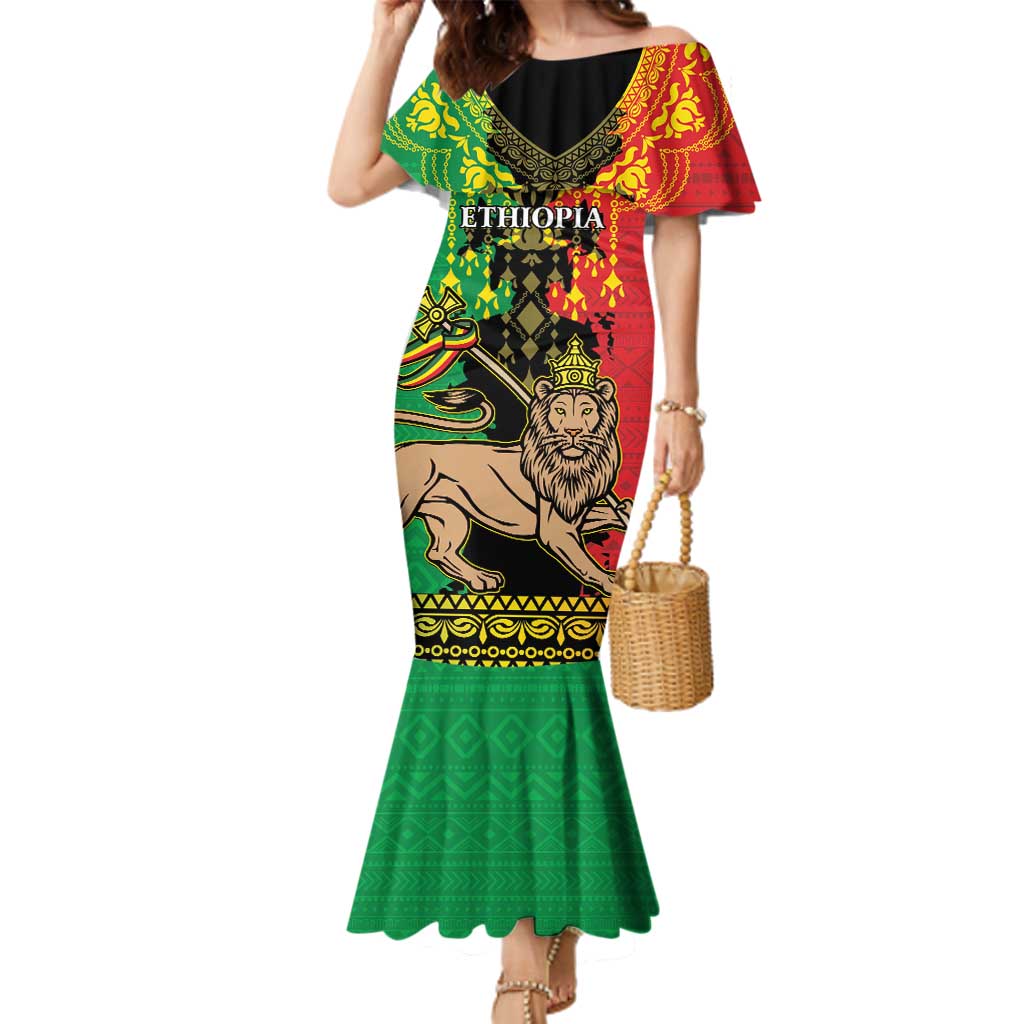 Personalised Ethiopia Family Matching Mermaid Dress and Hawaiian Shirt Lion Of Judah Mix African Pattern - Wonder Print Shop
