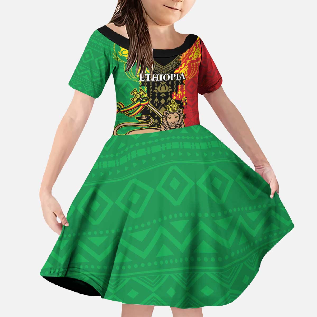 Personalised Ethiopia Family Matching Off The Shoulder Long Sleeve Dress and Hawaiian Shirt Lion Of Judah Mix African Pattern - Wonder Print Shop