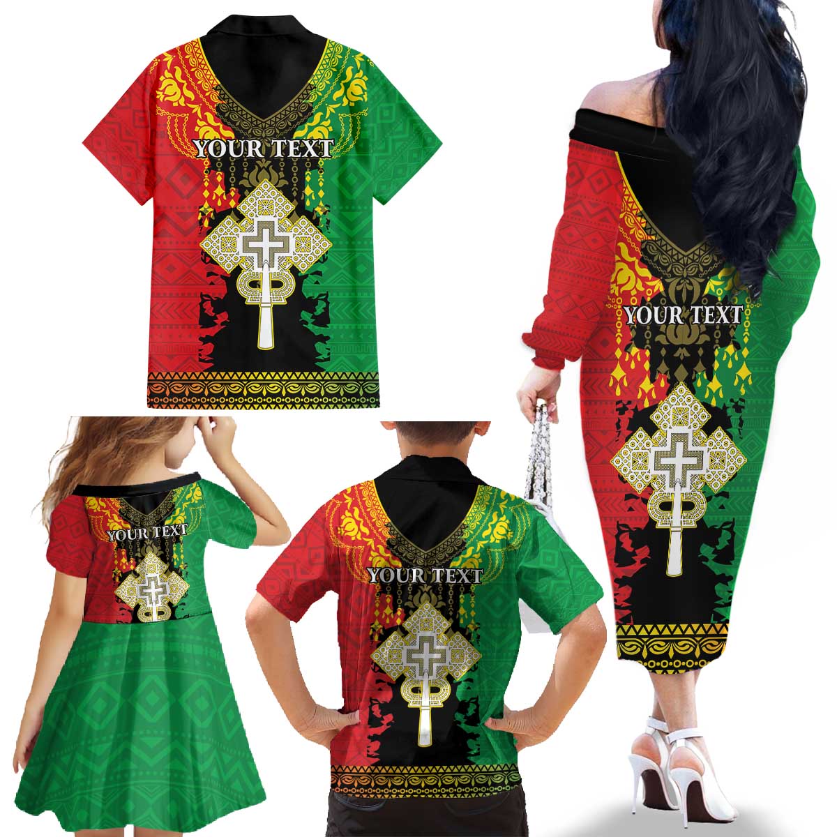 Personalised Ethiopia Family Matching Off The Shoulder Long Sleeve Dress and Hawaiian Shirt Lion Of Judah Mix African Pattern - Wonder Print Shop