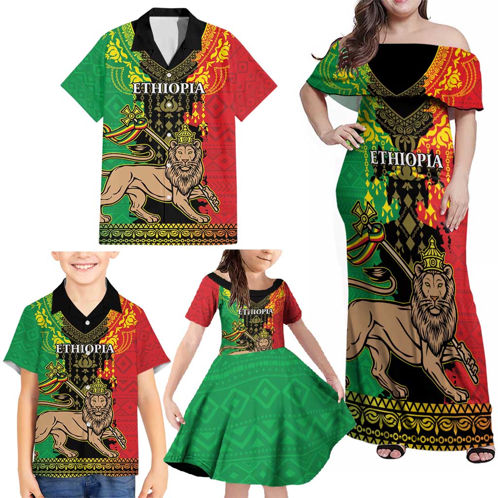 Personalised Ethiopia Family Matching Off Shoulder Maxi Dress and Hawaiian Shirt Lion Of Judah Mix African Pattern - Wonder Print Shop