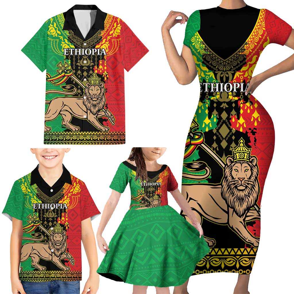 Personalised Ethiopia Family Matching Short Sleeve Bodycon Dress and Hawaiian Shirt Lion Of Judah Mix African Pattern - Wonder Print Shop