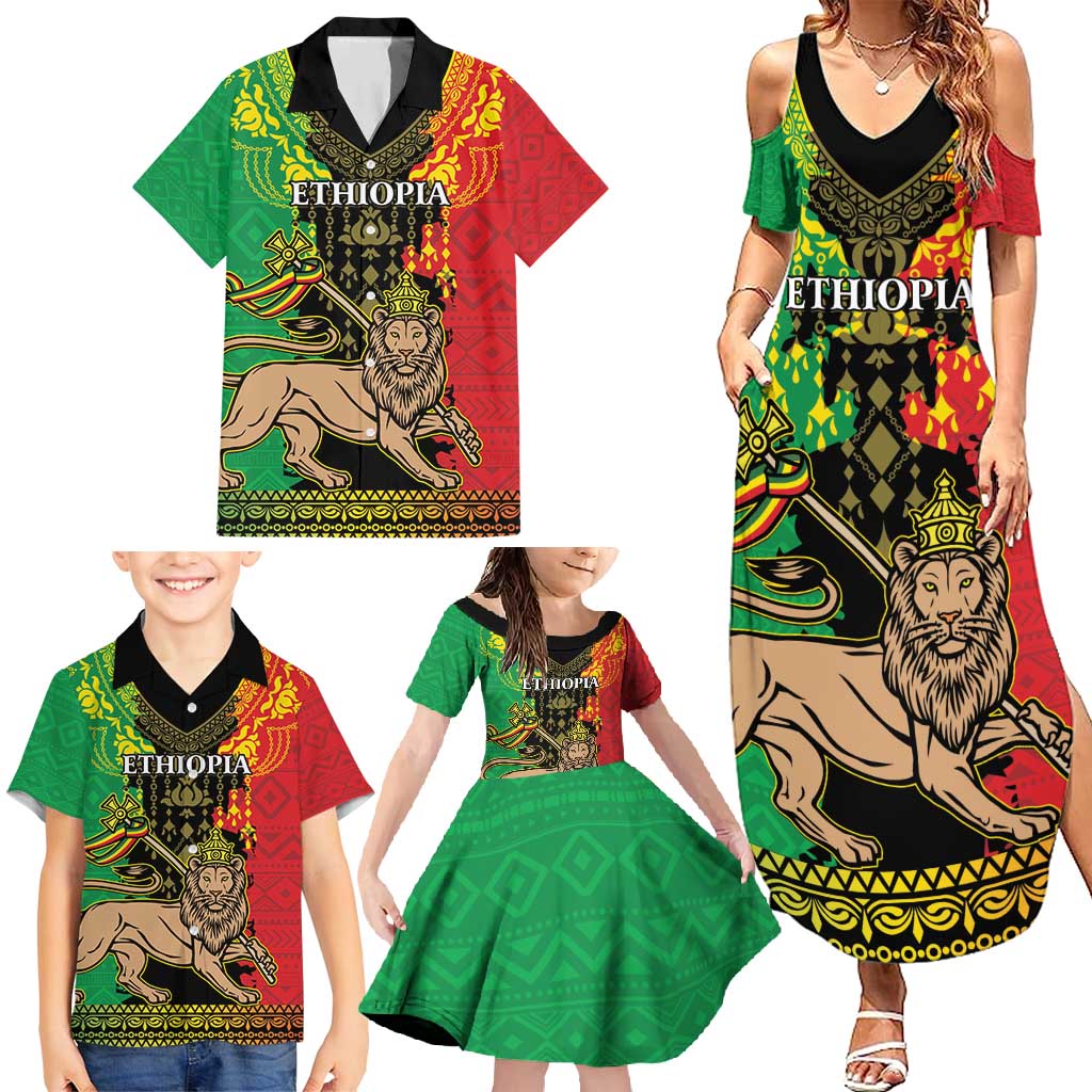 Personalised Ethiopia Family Matching Summer Maxi Dress and Hawaiian Shirt Lion Of Judah Mix African Pattern - Wonder Print Shop