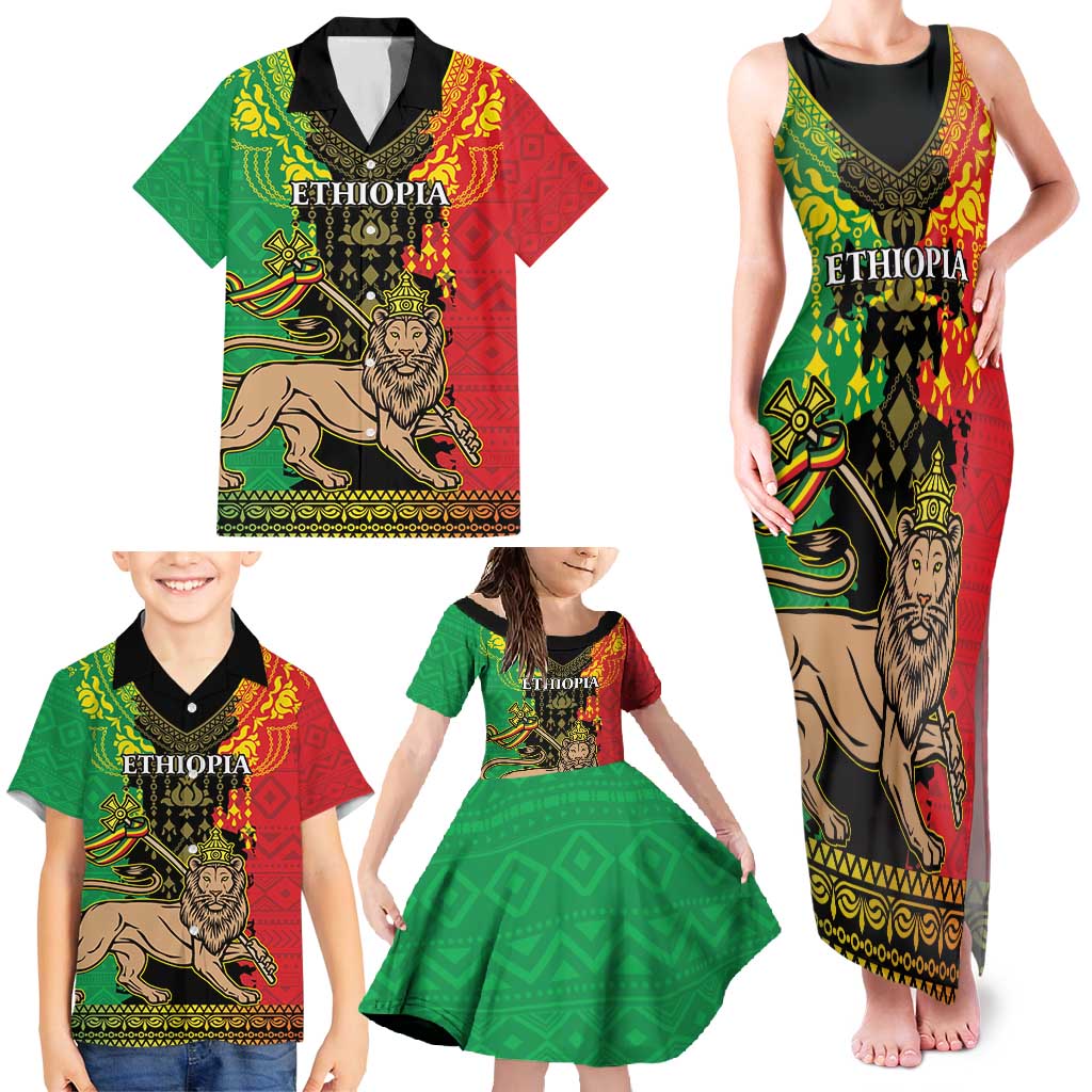 Personalised Ethiopia Family Matching Tank Maxi Dress and Hawaiian Shirt Lion Of Judah Mix African Pattern - Wonder Print Shop