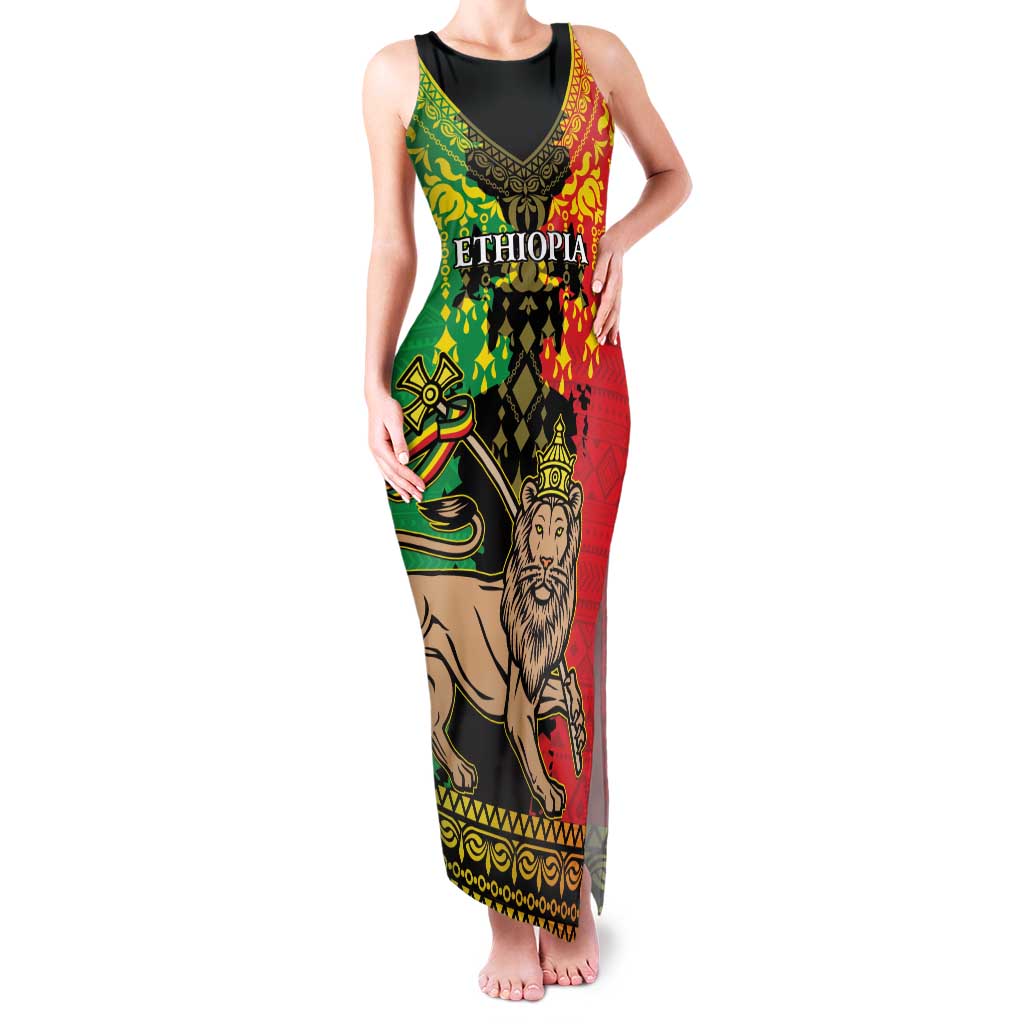 Personalised Ethiopia Family Matching Tank Maxi Dress and Hawaiian Shirt Lion Of Judah Mix African Pattern - Wonder Print Shop