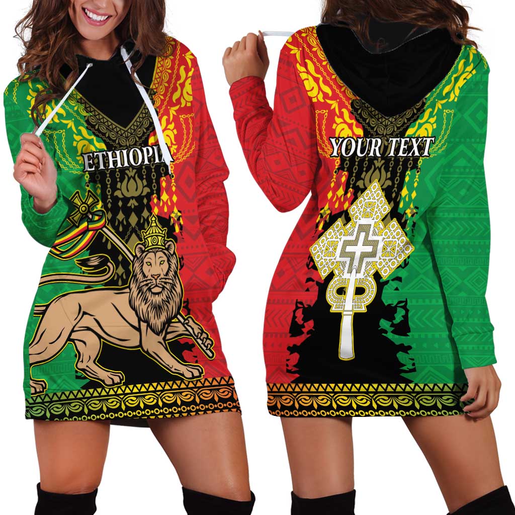 Personalised Ethiopia Hoodie Dress Lion Of Judah Mix African Pattern - Wonder Print Shop