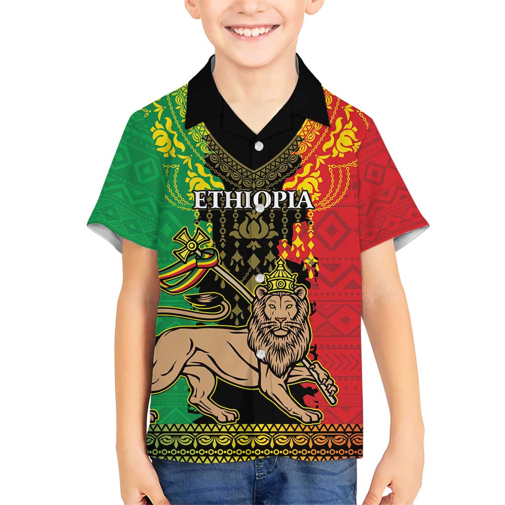 Personalised Ethiopia Kid Hawaiian Shirt Lion Of Judah Mix African Pattern - Wonder Print Shop