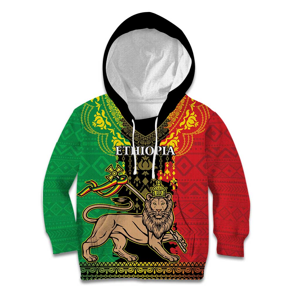 Personalised Ethiopia Kid Hoodie Lion Of Judah Mix African Pattern - Wonder Print Shop