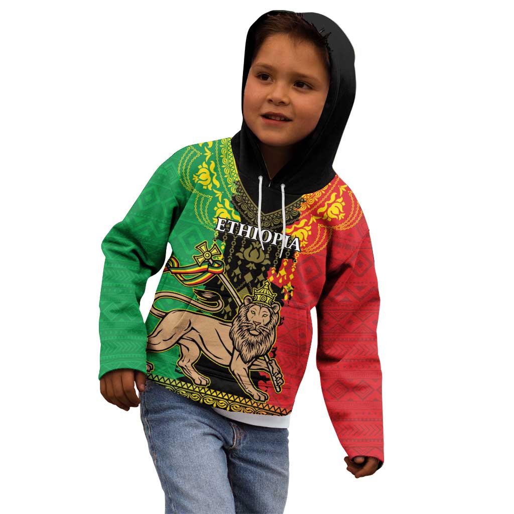 Personalised Ethiopia Kid Hoodie Lion Of Judah Mix African Pattern - Wonder Print Shop