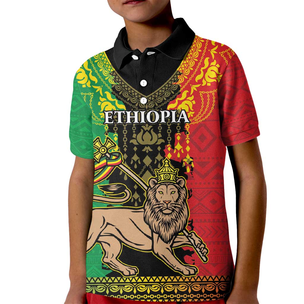 Personalised Ethiopia Kid Polo Shirt Lion Of Judah Mix African Pattern - Wonder Print Shop
