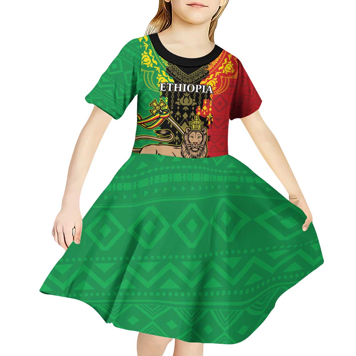 Personalised Ethiopia Kid Short Sleeve Dress Lion Of Judah Mix African Pattern - Wonder Print Shop
