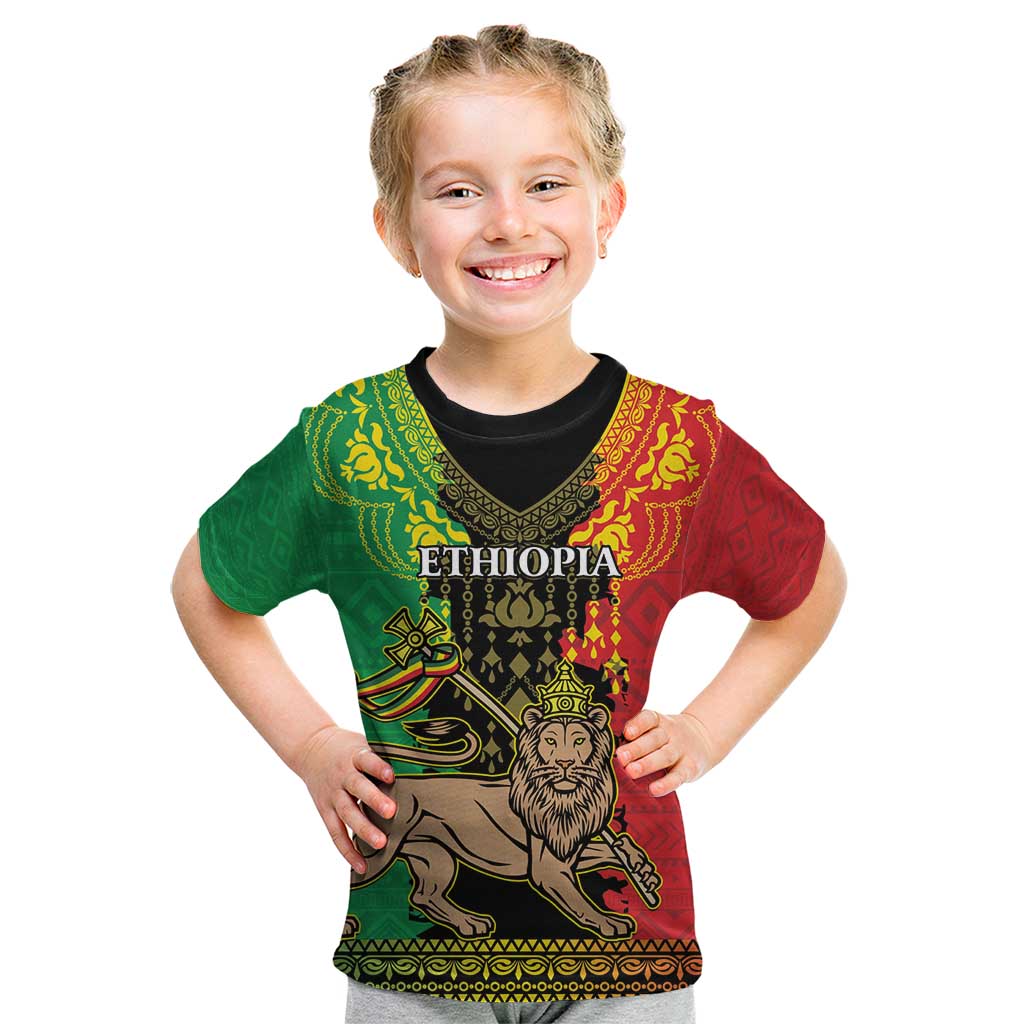 Personalised Ethiopia Kid T Shirt Lion Of Judah Mix African Pattern - Wonder Print Shop
