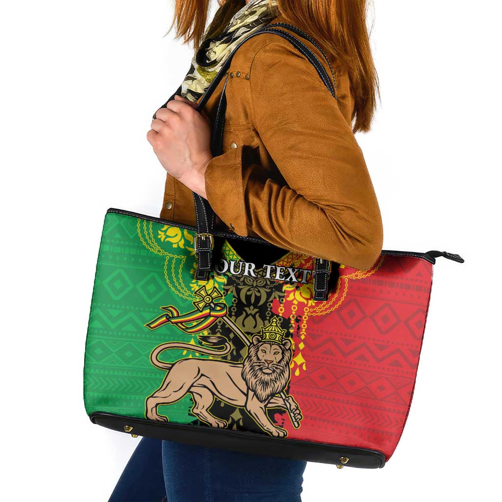 Personalised Ethiopia Leather Tote Bag Lion Of Judah Mix African Pattern - Wonder Print Shop