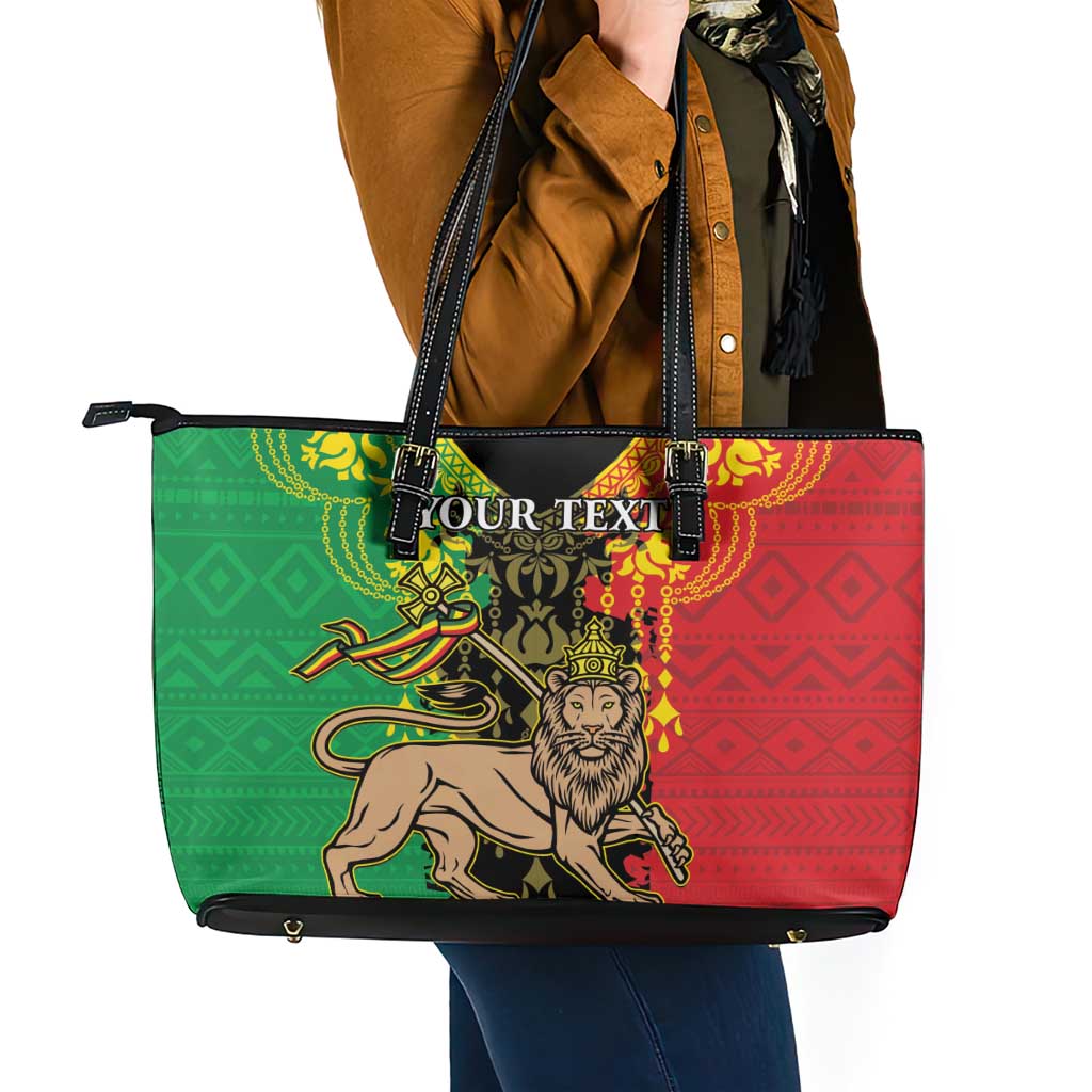 Personalised Ethiopia Leather Tote Bag Lion Of Judah Mix African Pattern - Wonder Print Shop